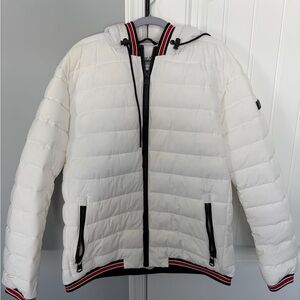 Calvin Klein White Puffer Jacket with Black and Red Trim